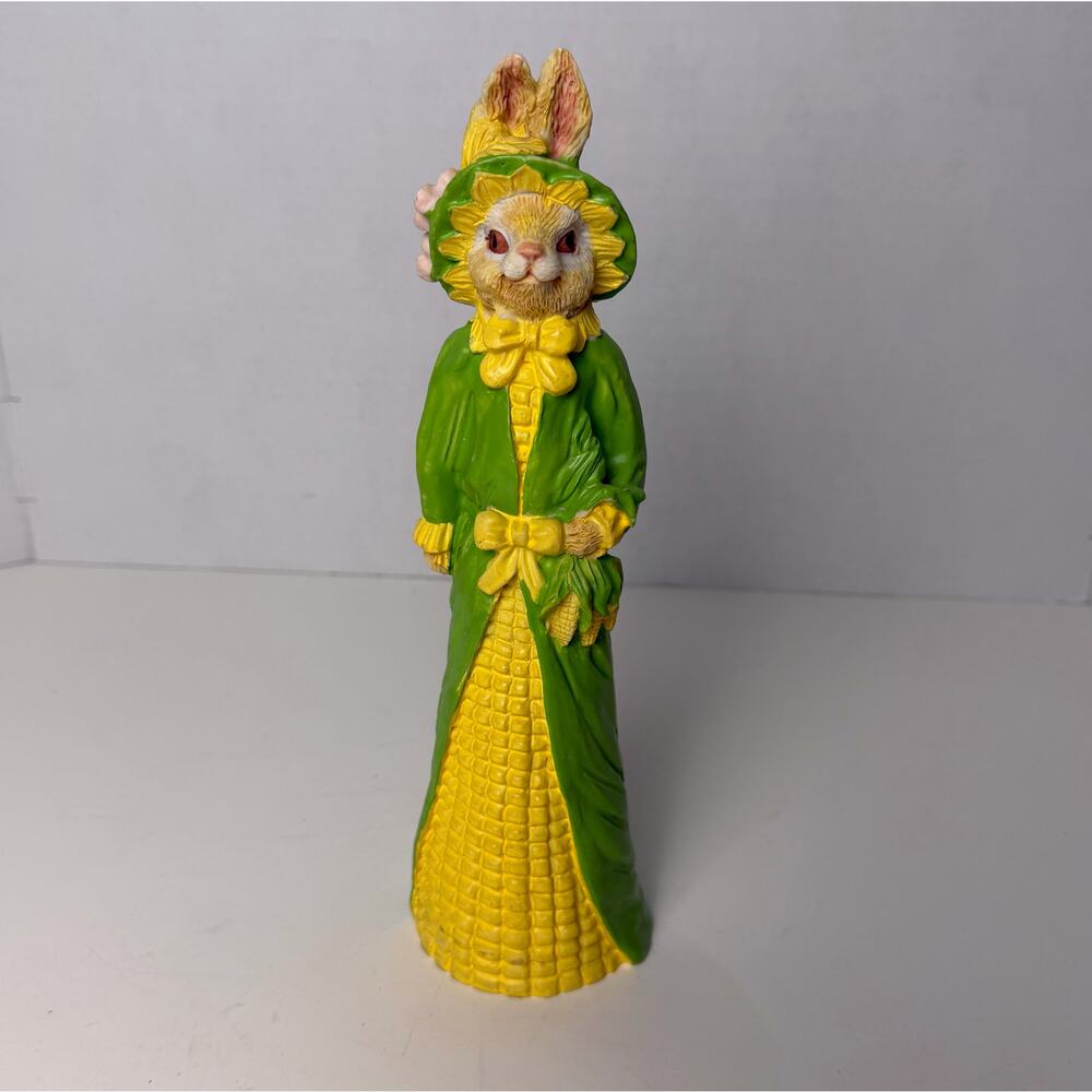 VTG 90s Harvest Bunny Figurine Corn Dress Rabbit Fall Decor‎ Cottagecore 10"